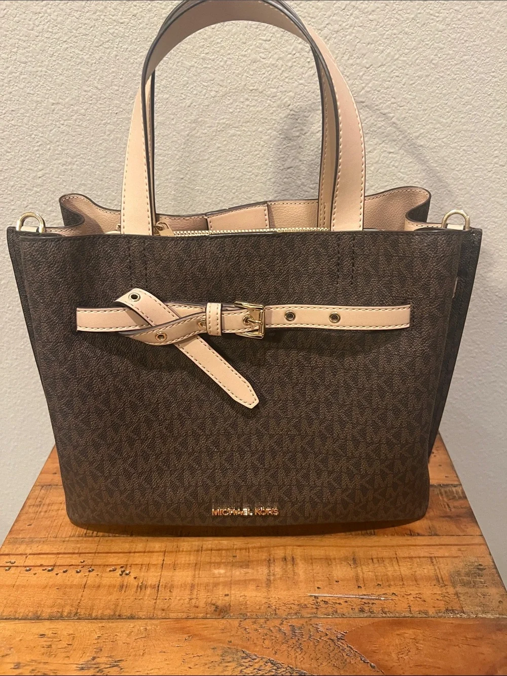 Michael Kors Emilia Small Satchel with Light Beige Trim & Gold Accents